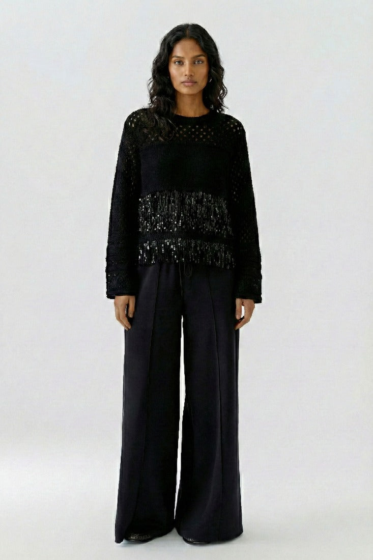 Strickpullover mit Mikropailletten-Bändern