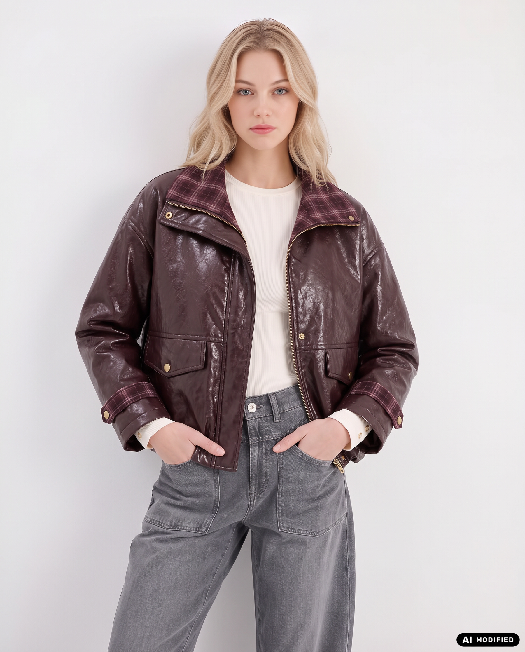 Kunstlederjacke mit Karokragen