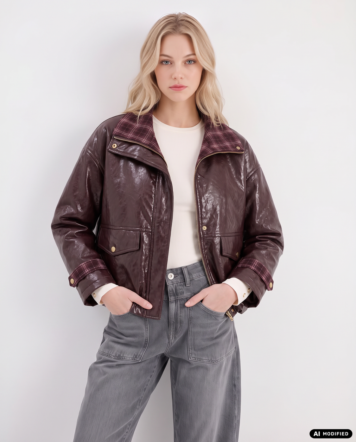Kunstlederjacke mit Karokragen