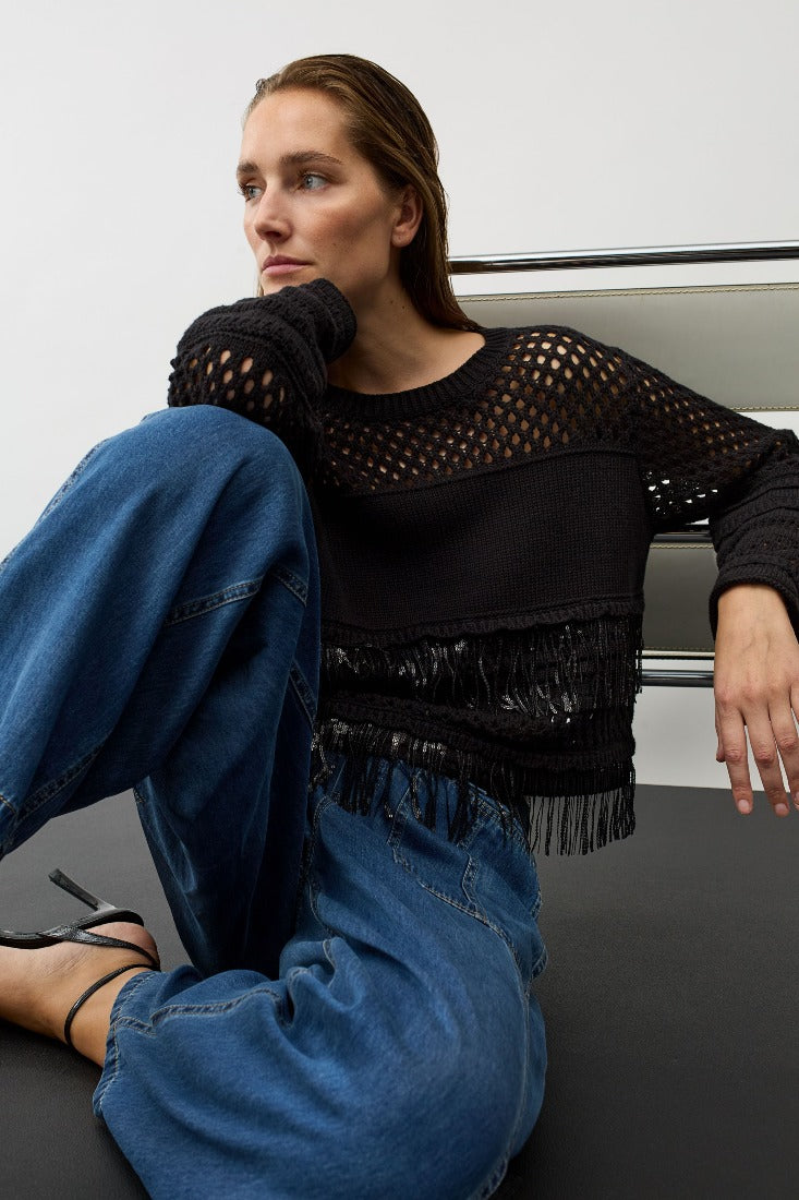 Strickpullover mit Mikropailletten-Bändern