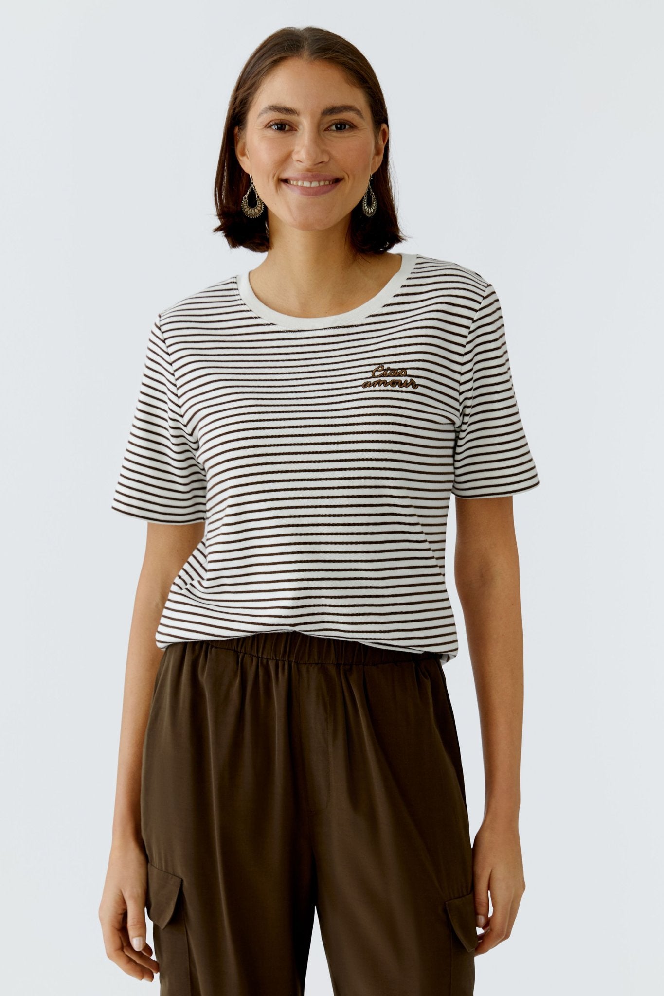 Oui T-Shirts Dk Brown Offwhite