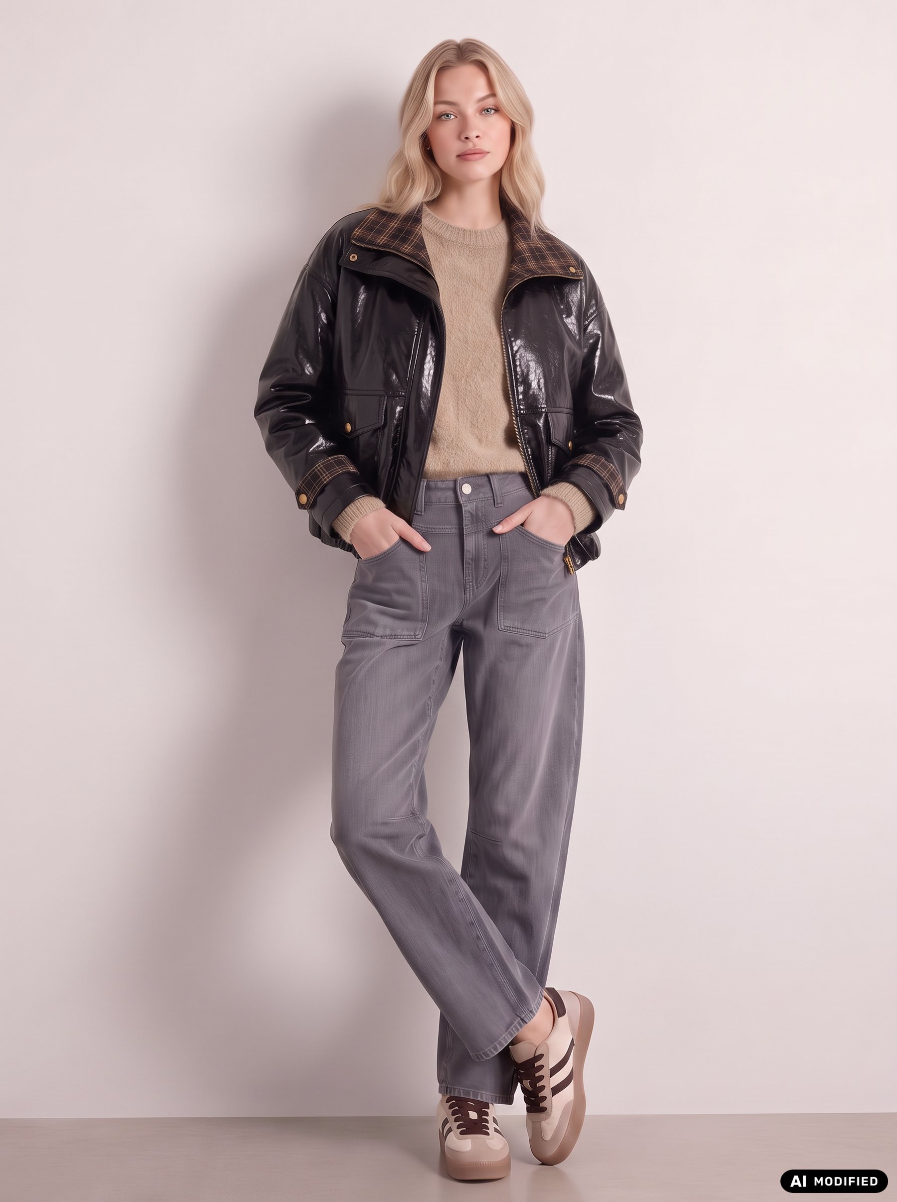 Kunstlederjacke mit Karokragen