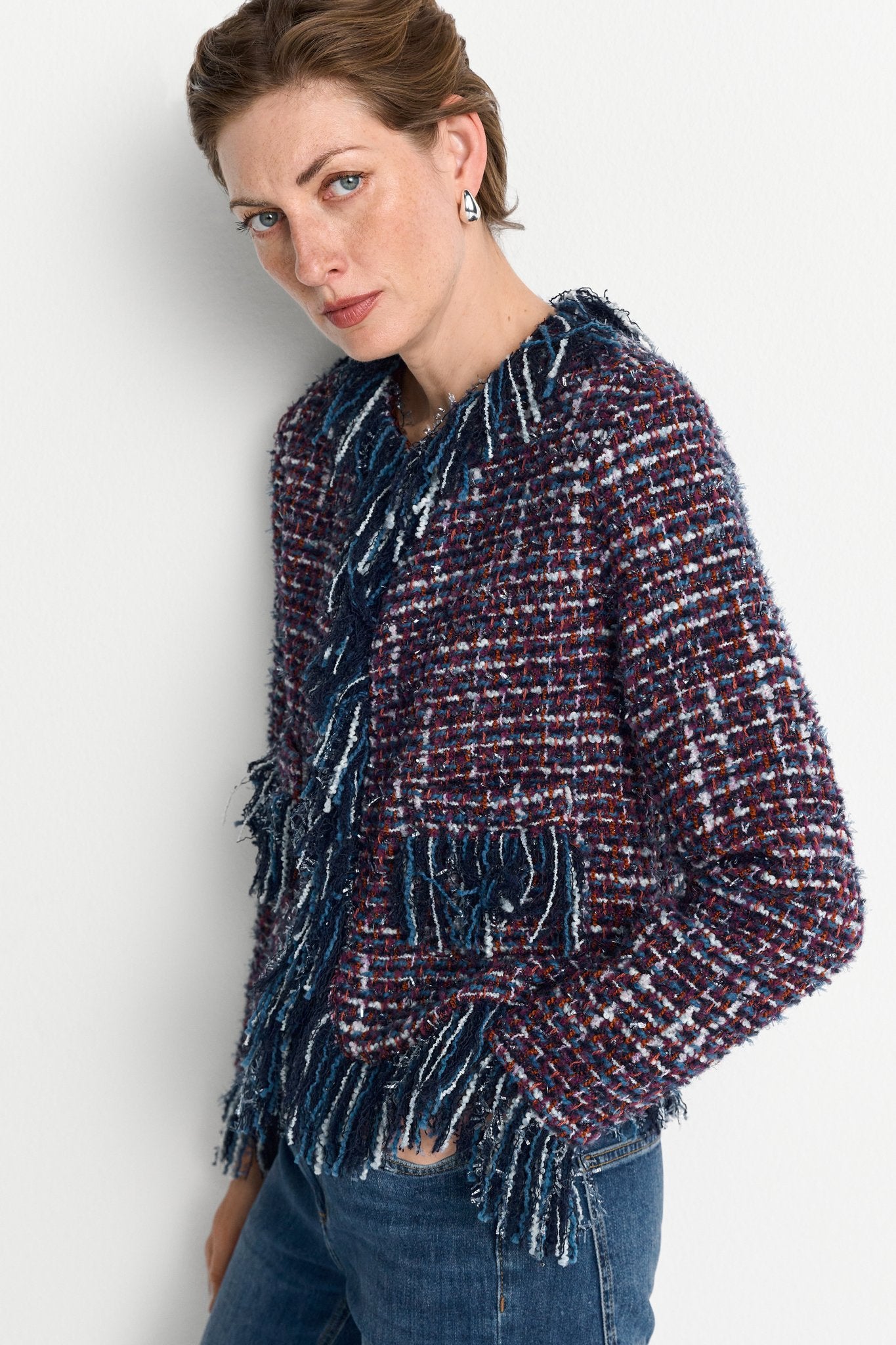Bouclé Jacke mit Fransen