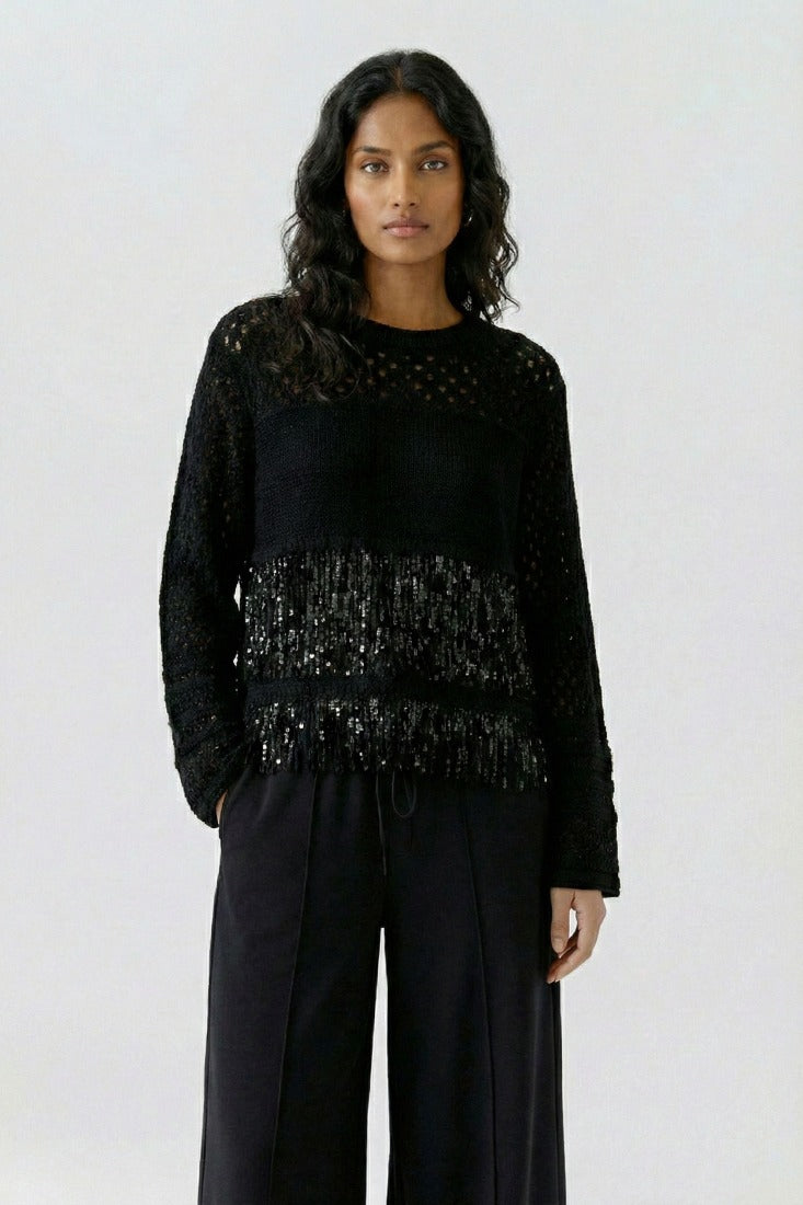 Strickpullover mit Mikropailletten-Bändern