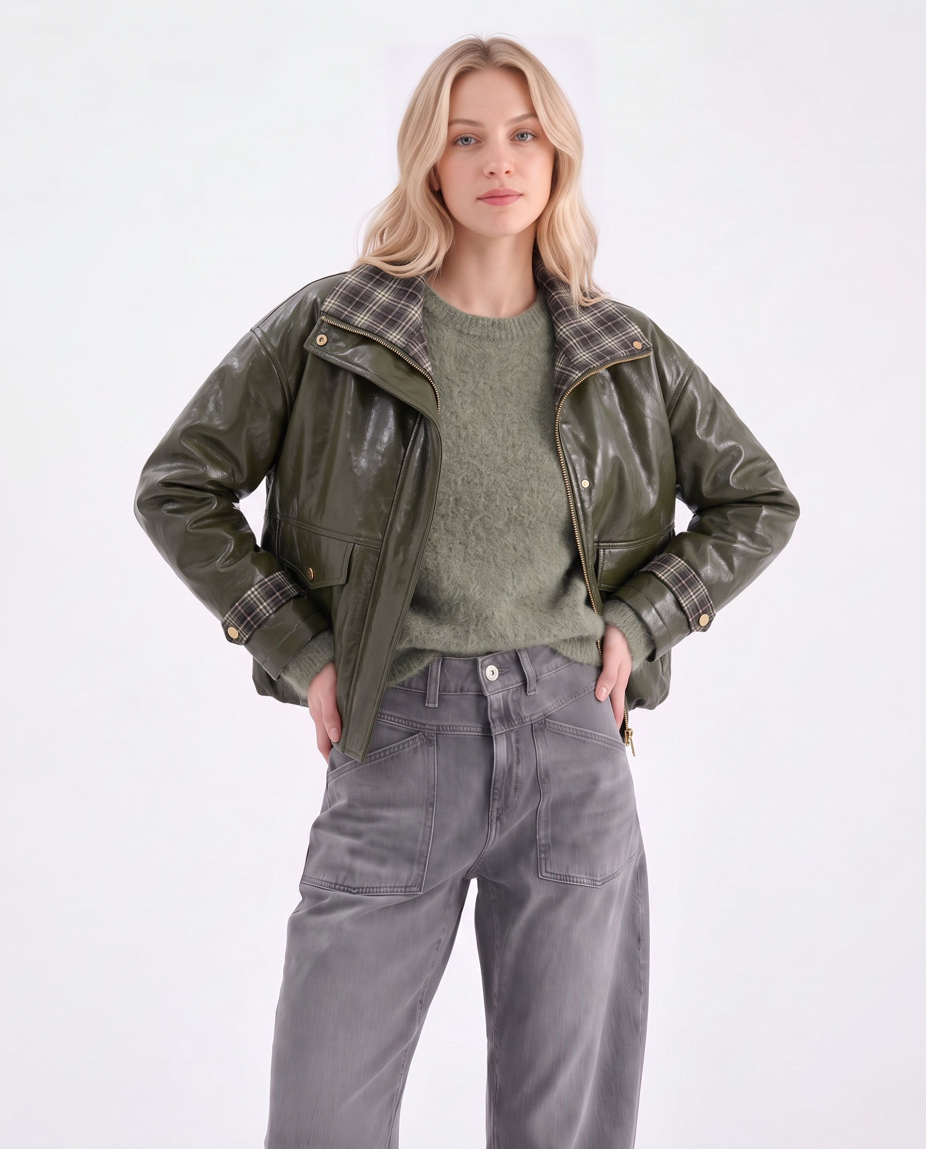 Kunstlederjacke mit Karokragen