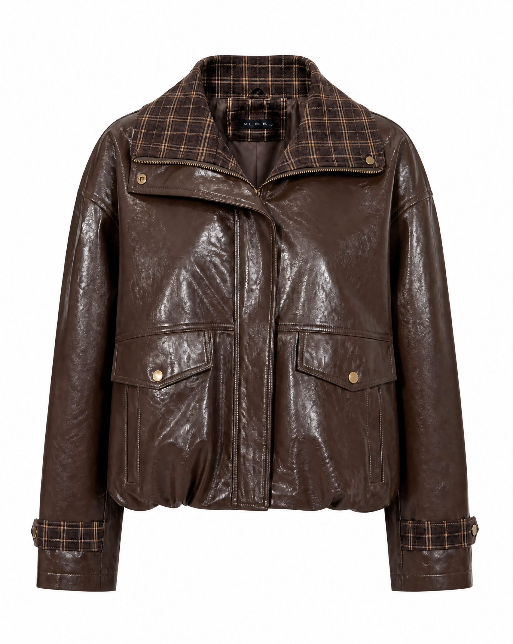 Kunstlederjacke mit Karokragen