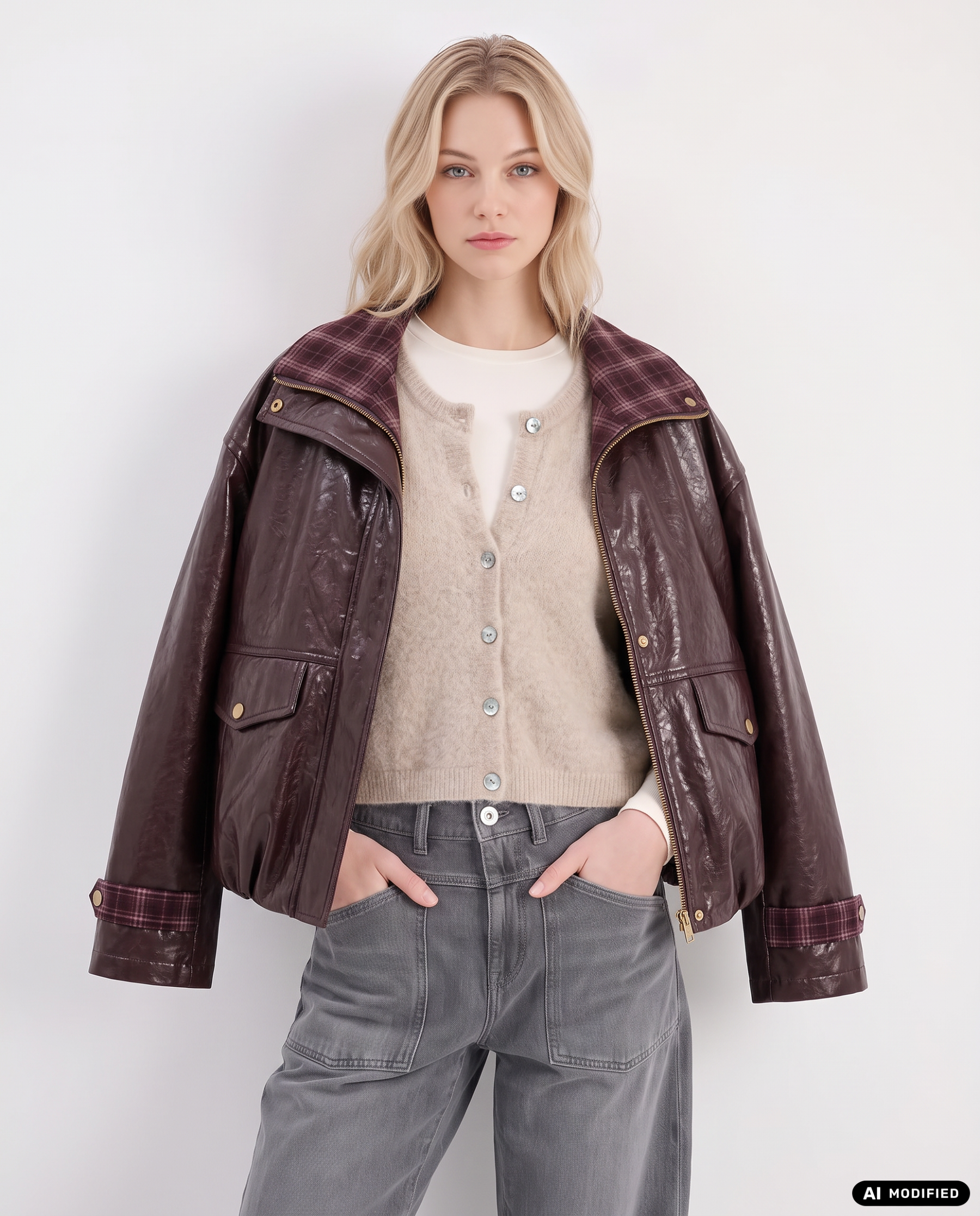 Kunstlederjacke mit Karokragen