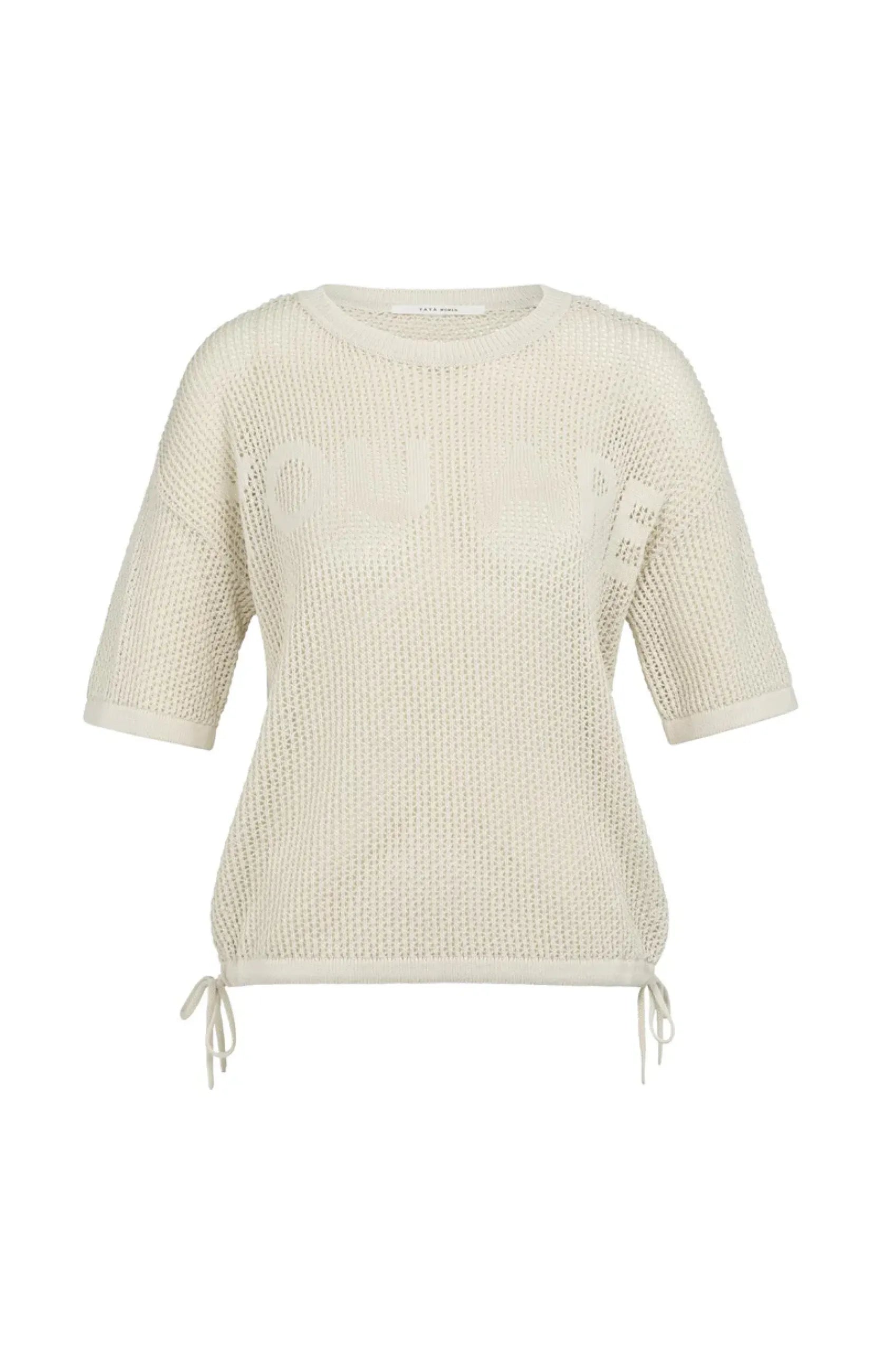 Grobmaschiger Pullover mit Aufschrift
