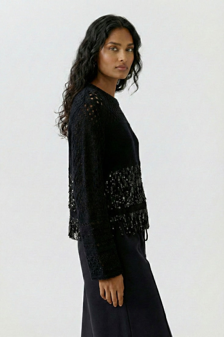 Strickpullover mit Mikropailletten-Bändern
