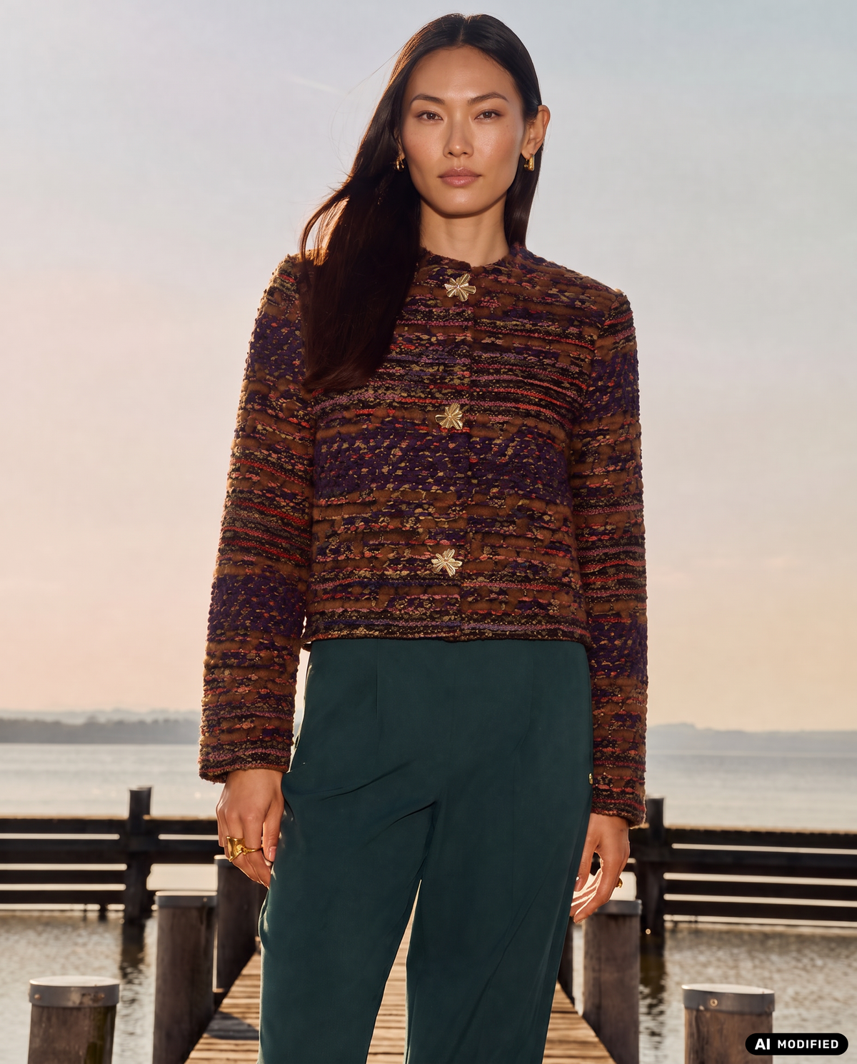 Bouclé Jacke mit Schmuckknöpfen