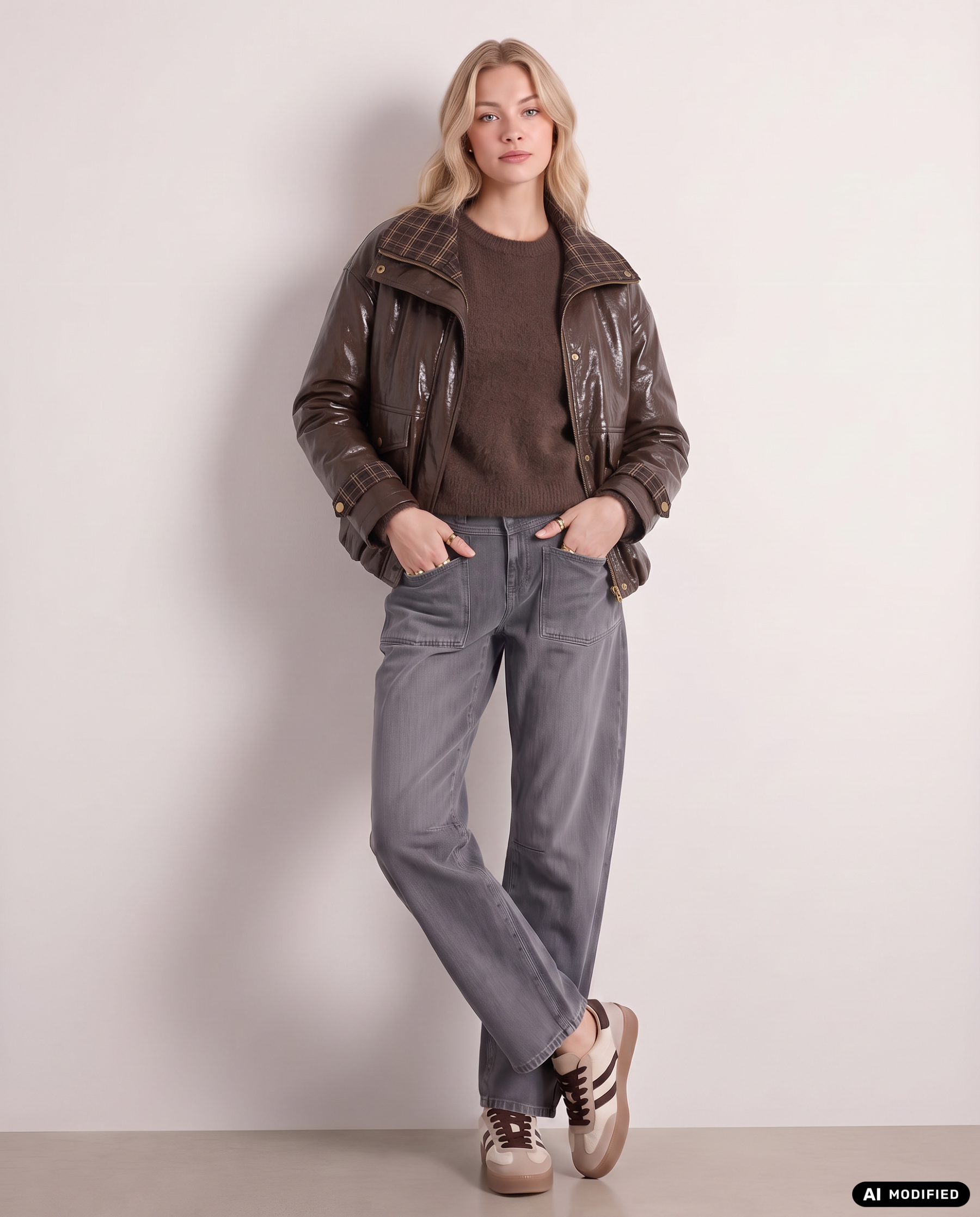 Kunstlederjacke mit Karokragen