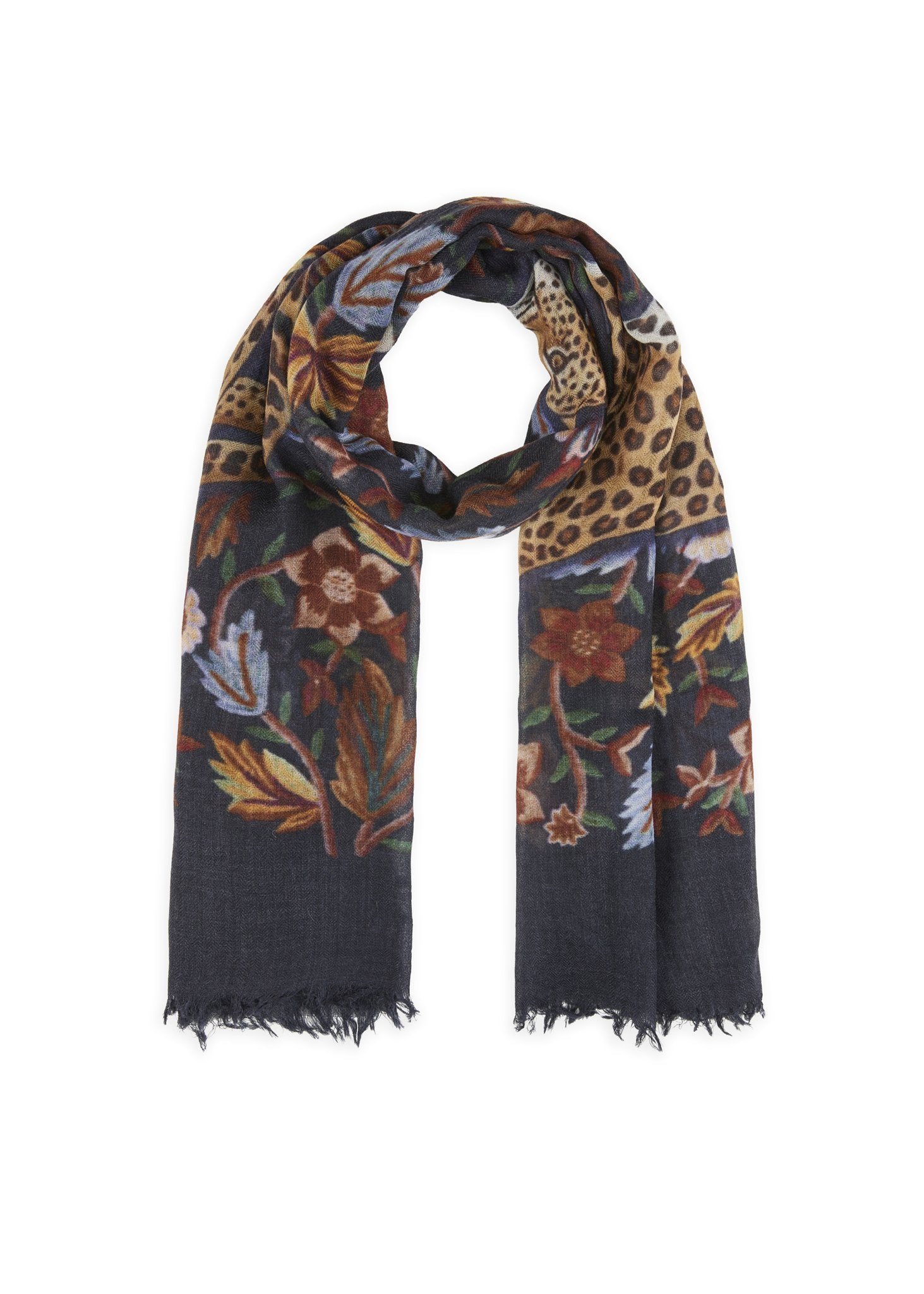 Schal mit Leopard- und Blumen-Motiven