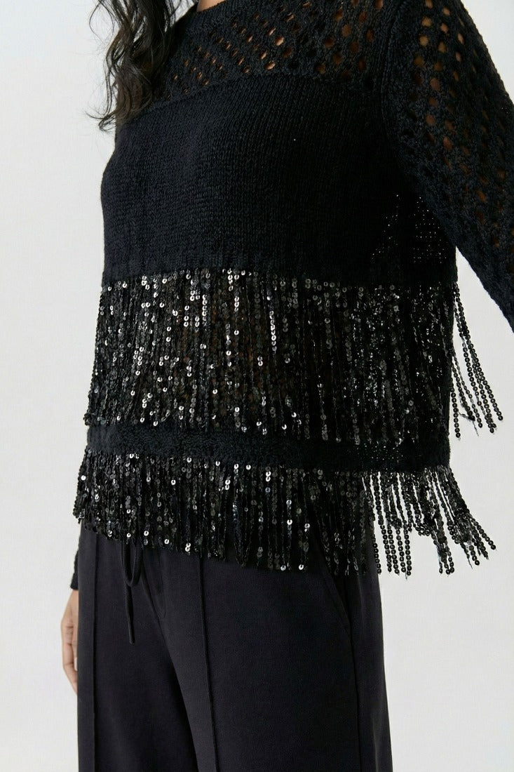 Strickpullover mit Mikropailletten-Bändern