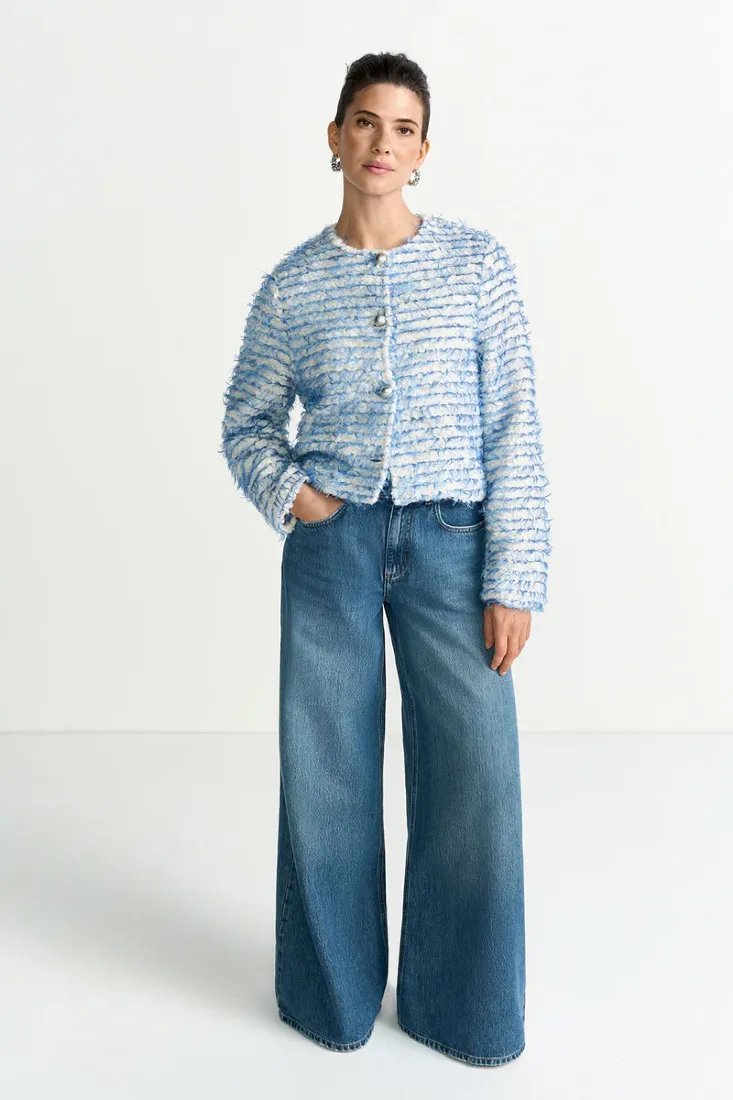 Bouclé Jacke mit Fransenstreifen