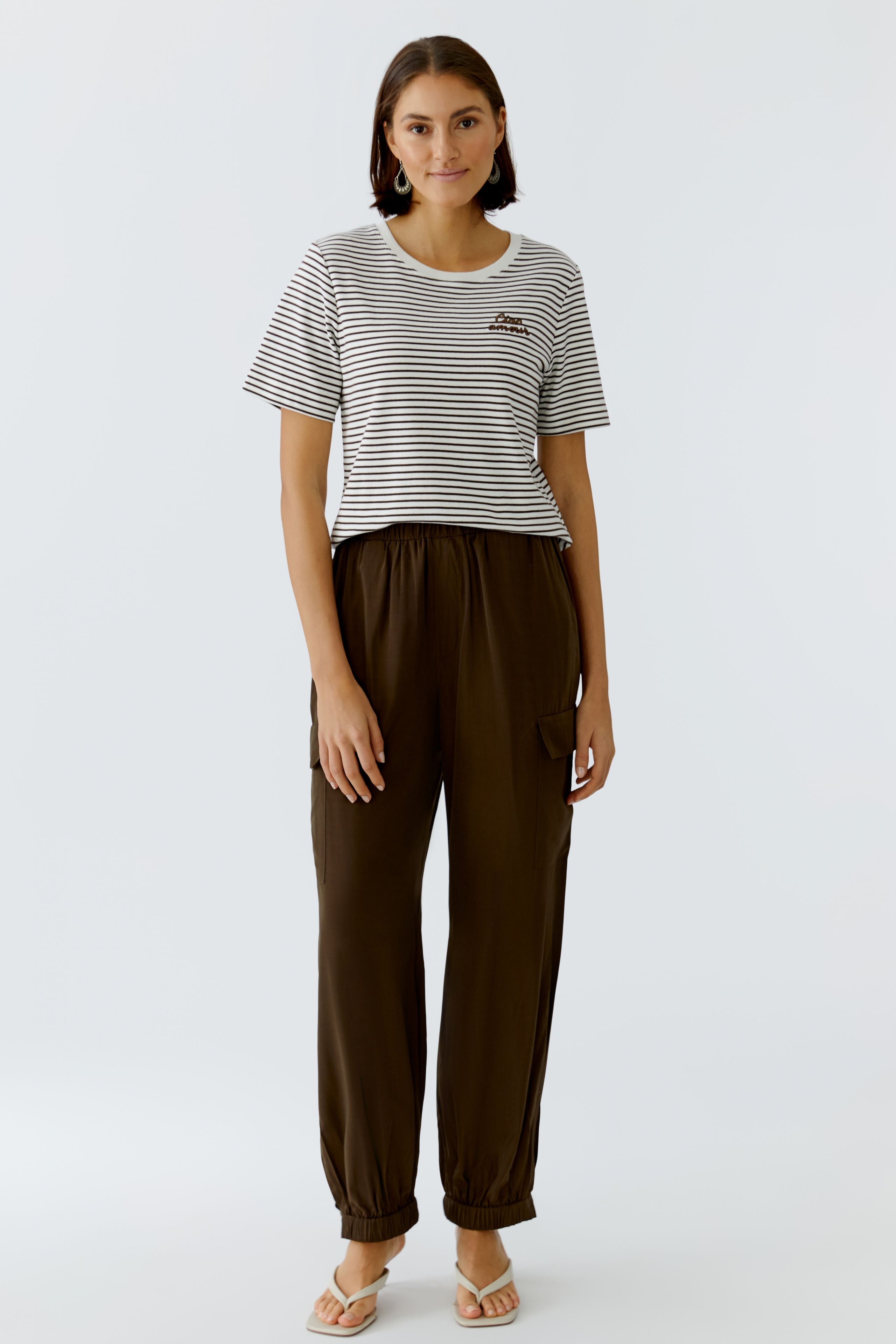 Oui T-Shirts Dk Brown Offwhite