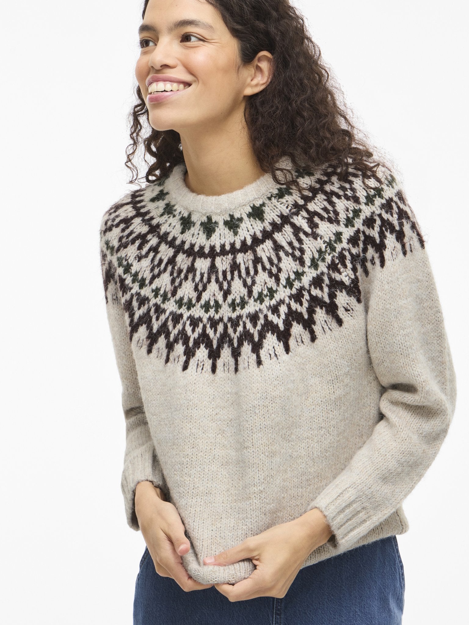 VILA Strickpullover Super Light Natural Melan/Coffee Be