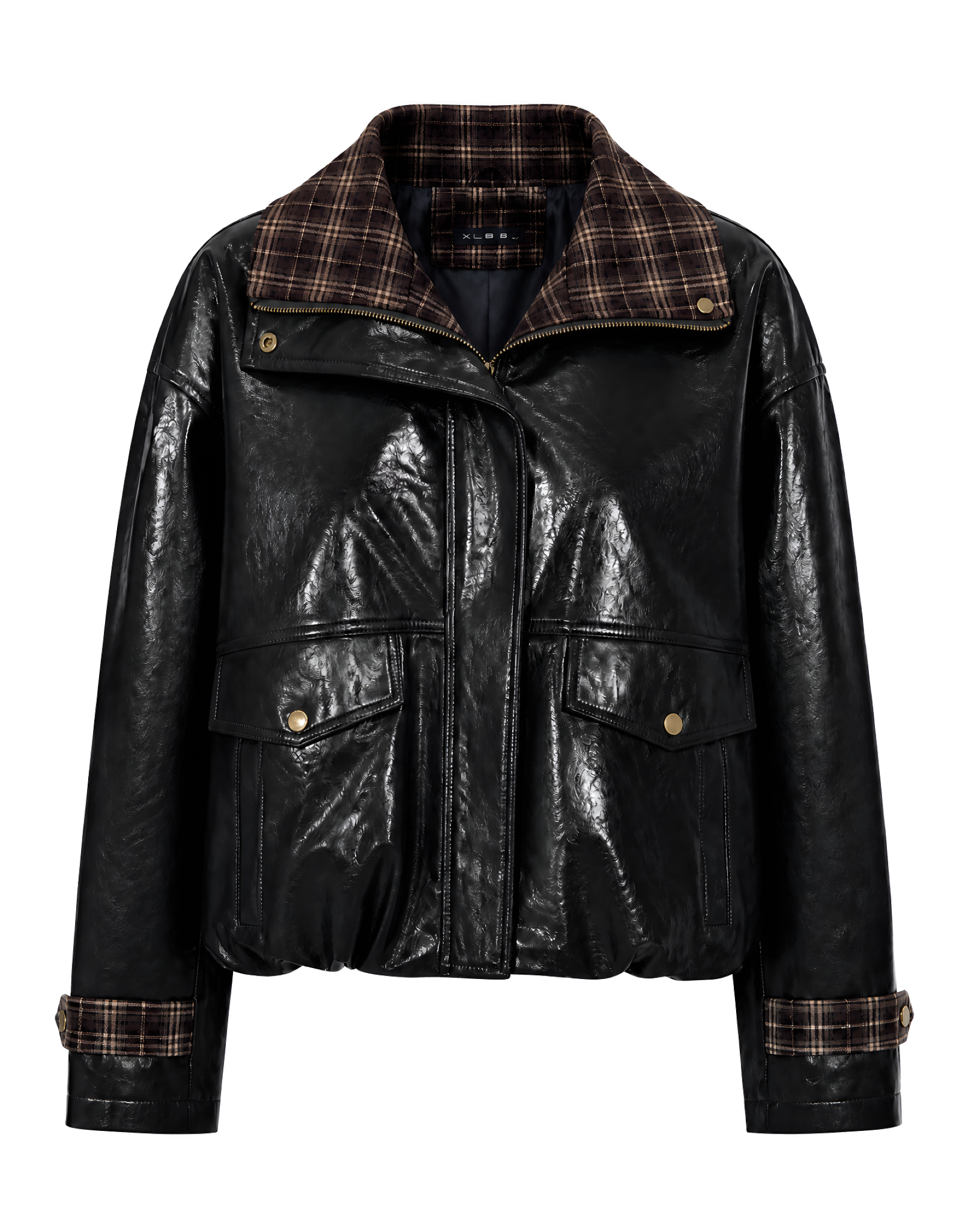 Kunstlederjacke mit Karokragen