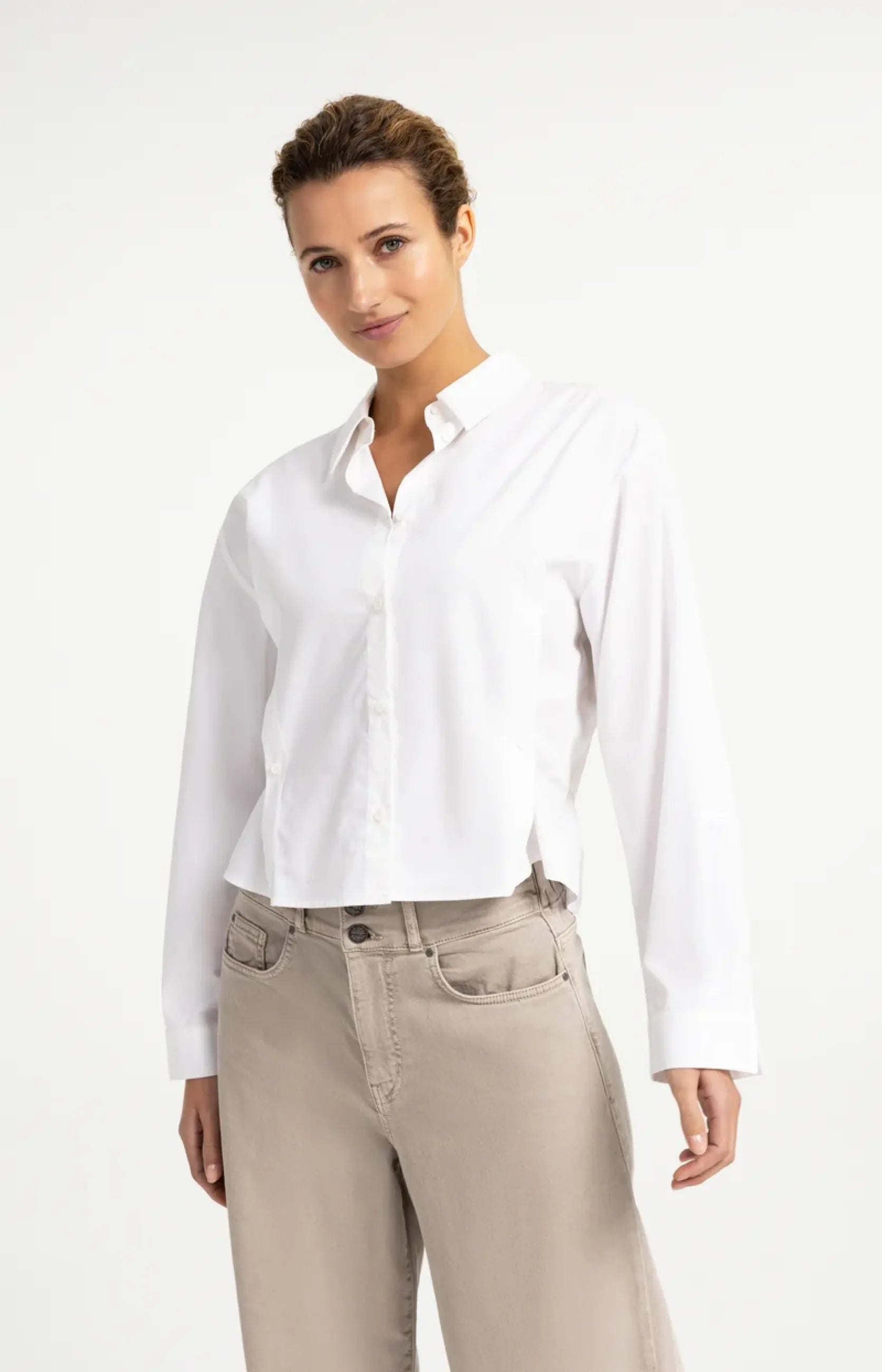 Langärmelige Popeline-Bluse mit verstellbarem Saum