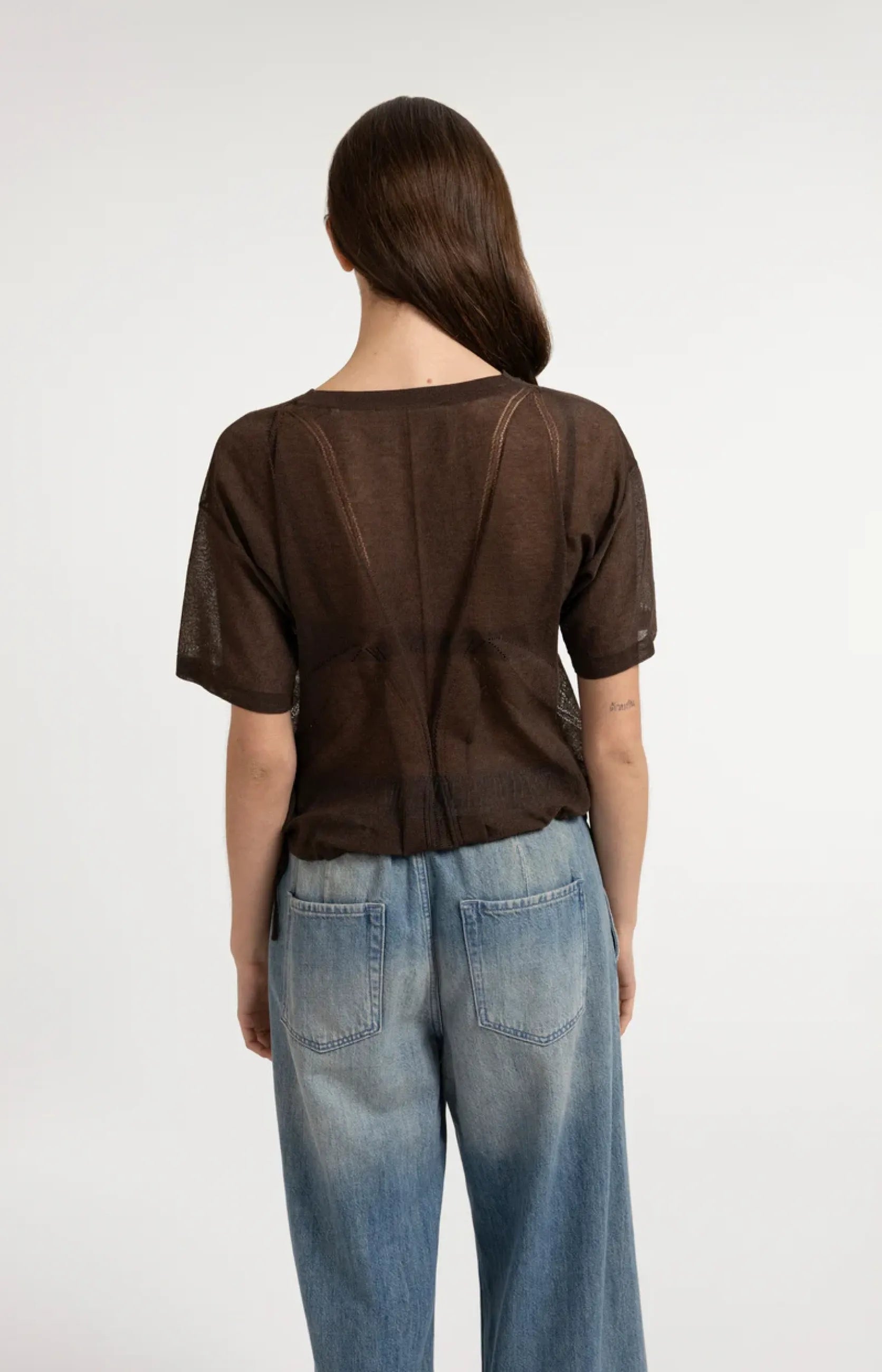Grobmaschiger Kurzarmpullover mit Ajourmuster