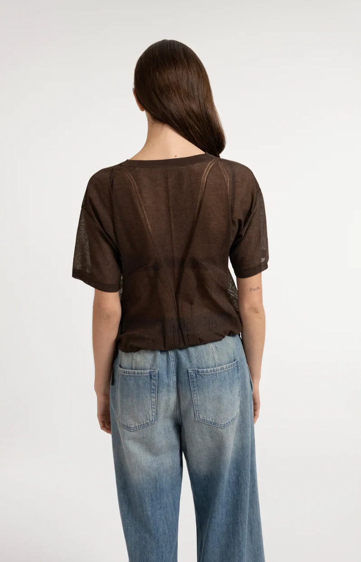 Grobmaschiger Kurzarmpullover mit Ajourmuster