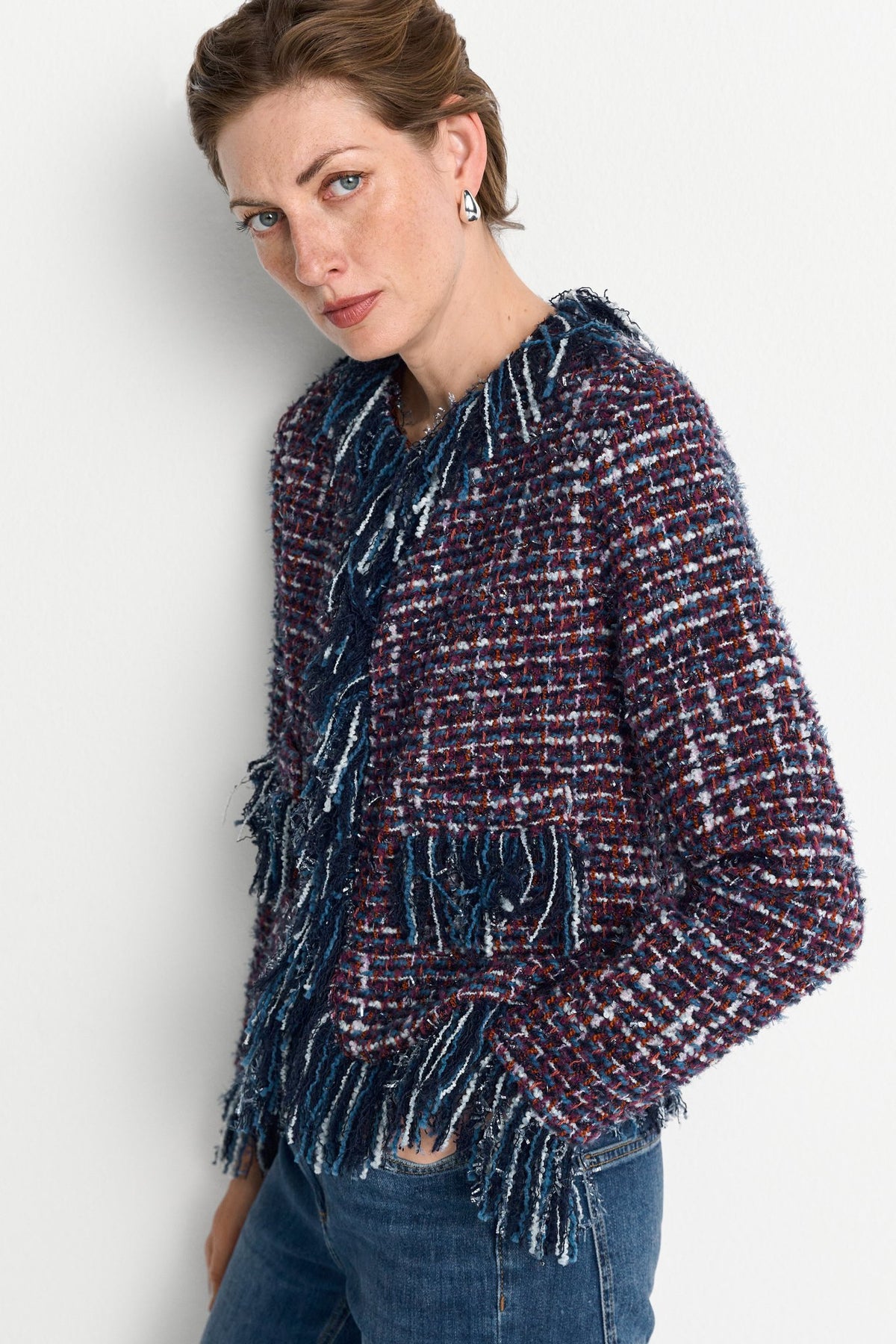 Bouclé Jacke mit Fransen