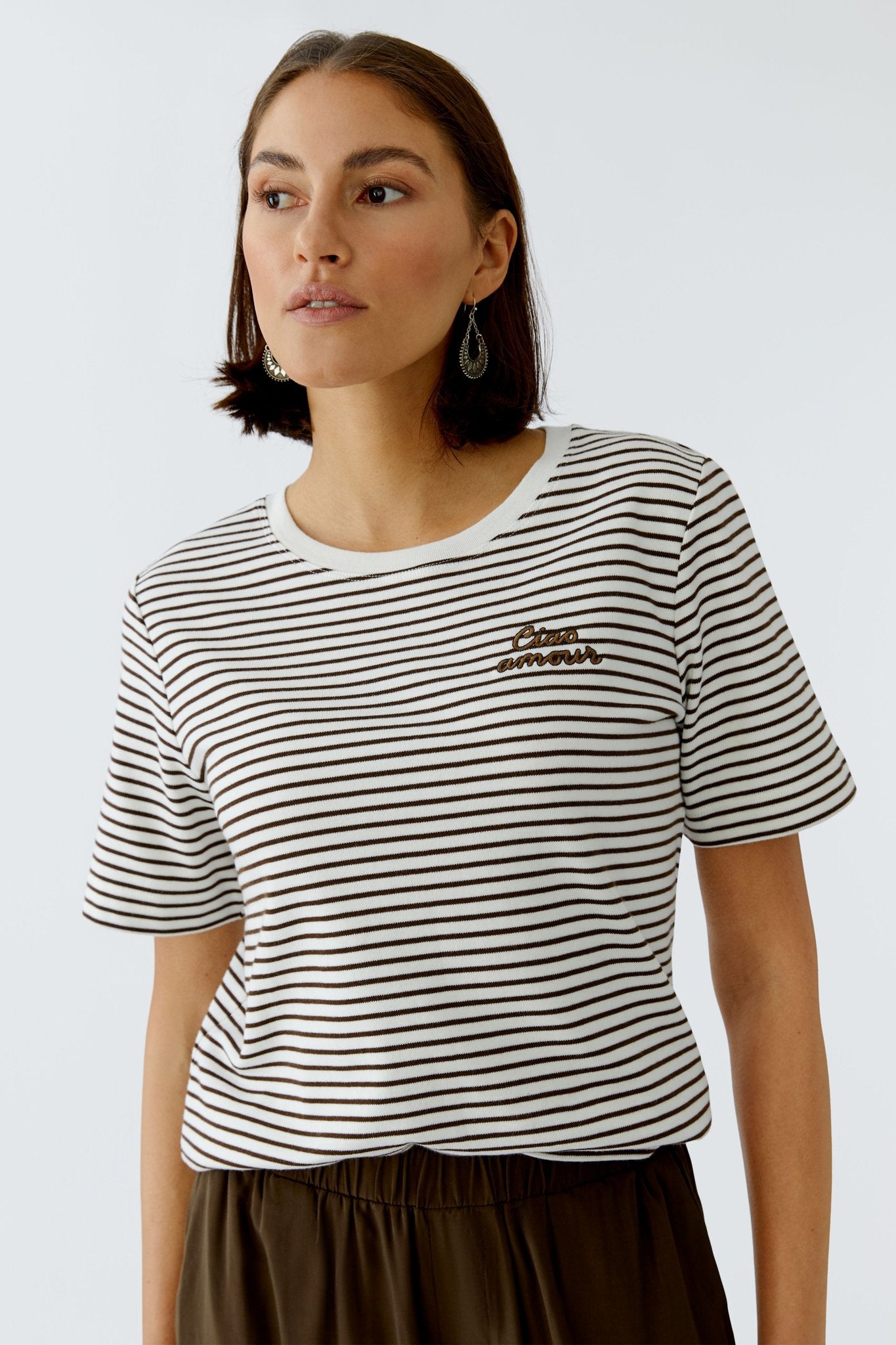 Oui T-Shirts Dk Brown Offwhite