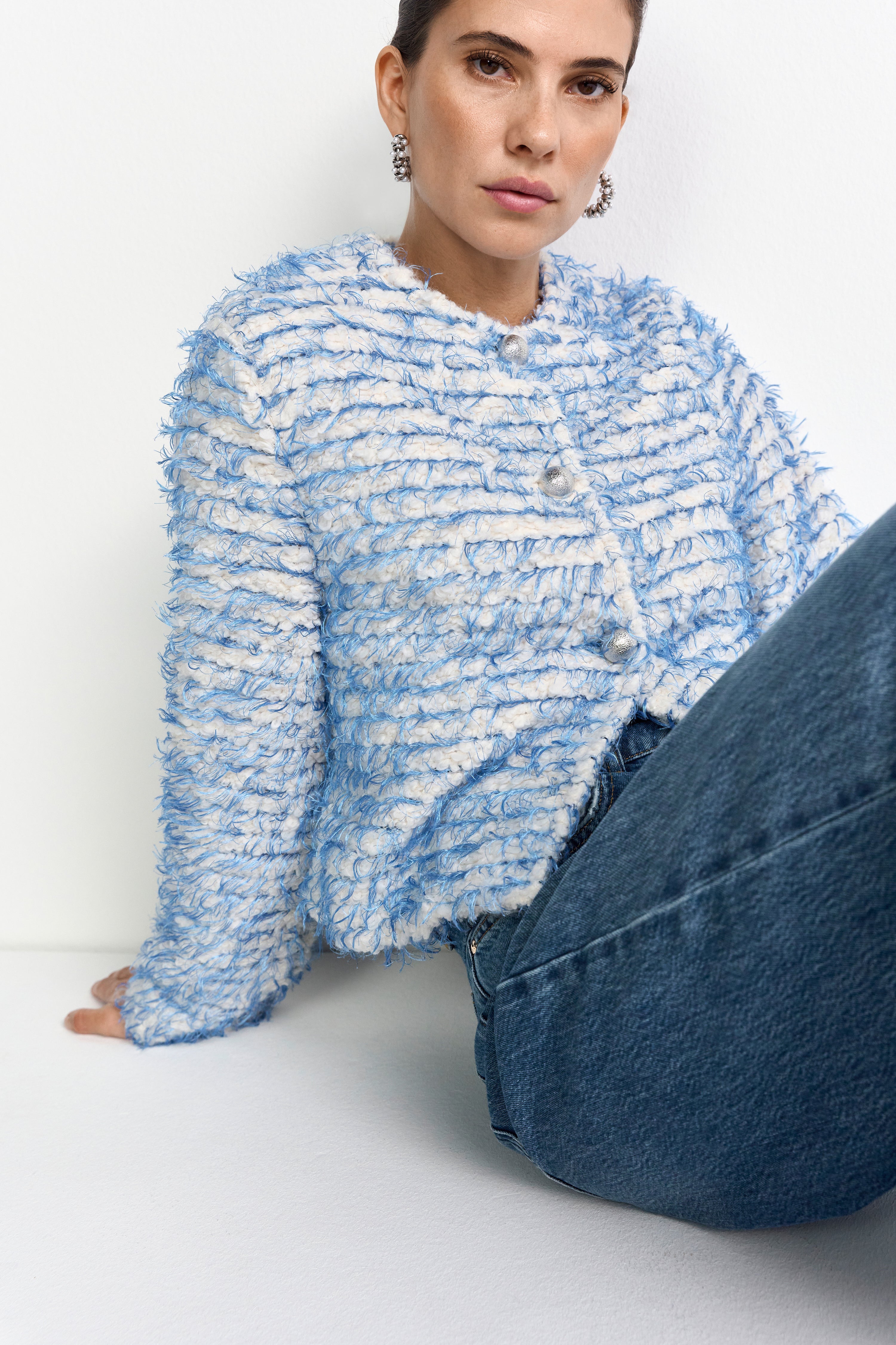 Bouclé Jacke mit Fransenstreifen
